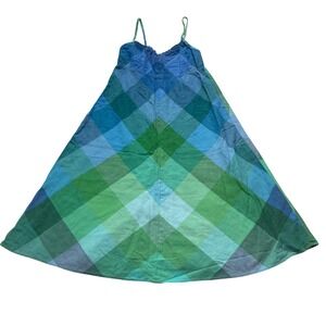 Gap VTG Y2K Blue Green Plaid Linen Empire Midi Dress Small Cottagecore Boho